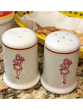 Vintage Ceramic Salt & Pepper Shakers Retro Diner Waitress Design White Red
